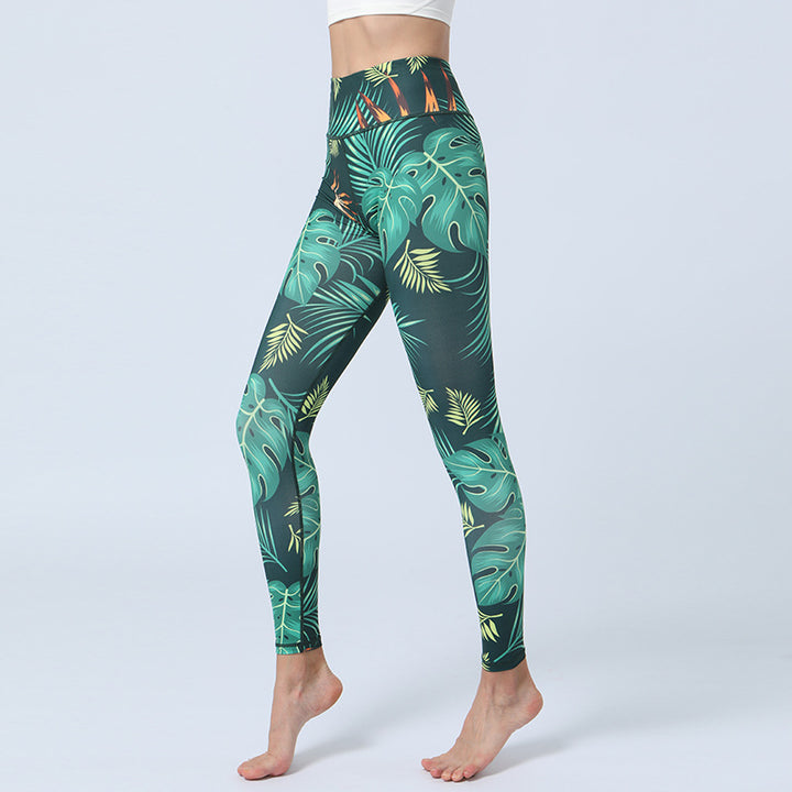 Pantalon yoga taille haute imprimé feuilles - Leggings sportifs